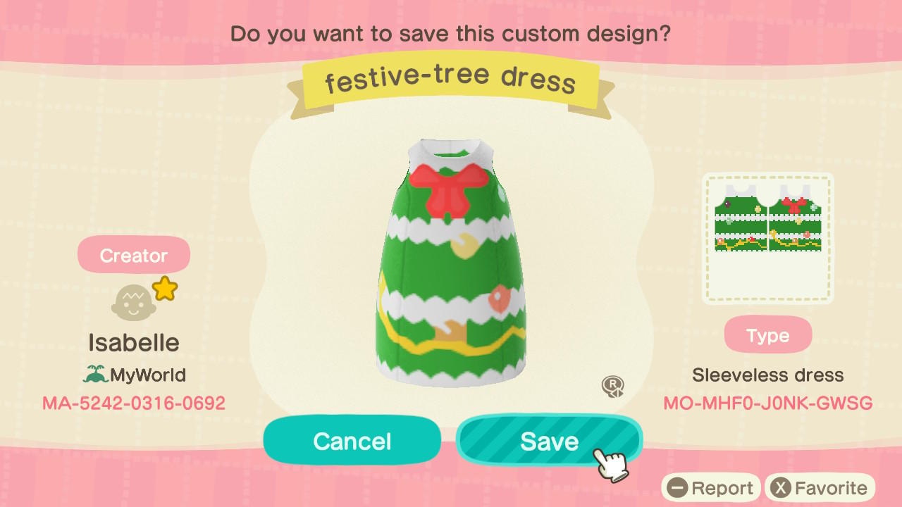 Animal Crossing Design Code: MO-MHF0-J0NK-GWSG Festive-Tree Dress