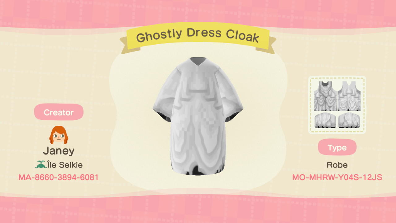 Animal Crossing Design Code: MO-MHRW-Y04S-12JS Ghostly Dress Cloak