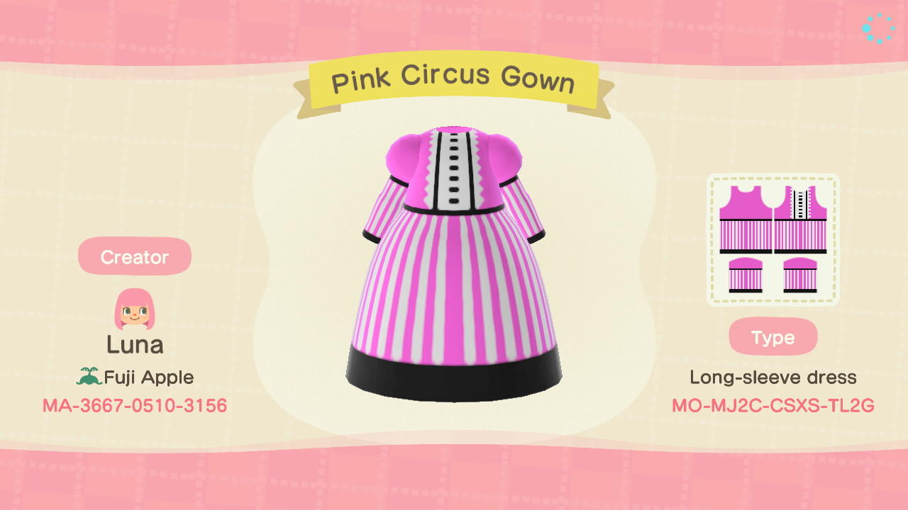 Animal Crossing Design Code: MO-MJ2C-CSXS-TL2G Pink Circus Gown