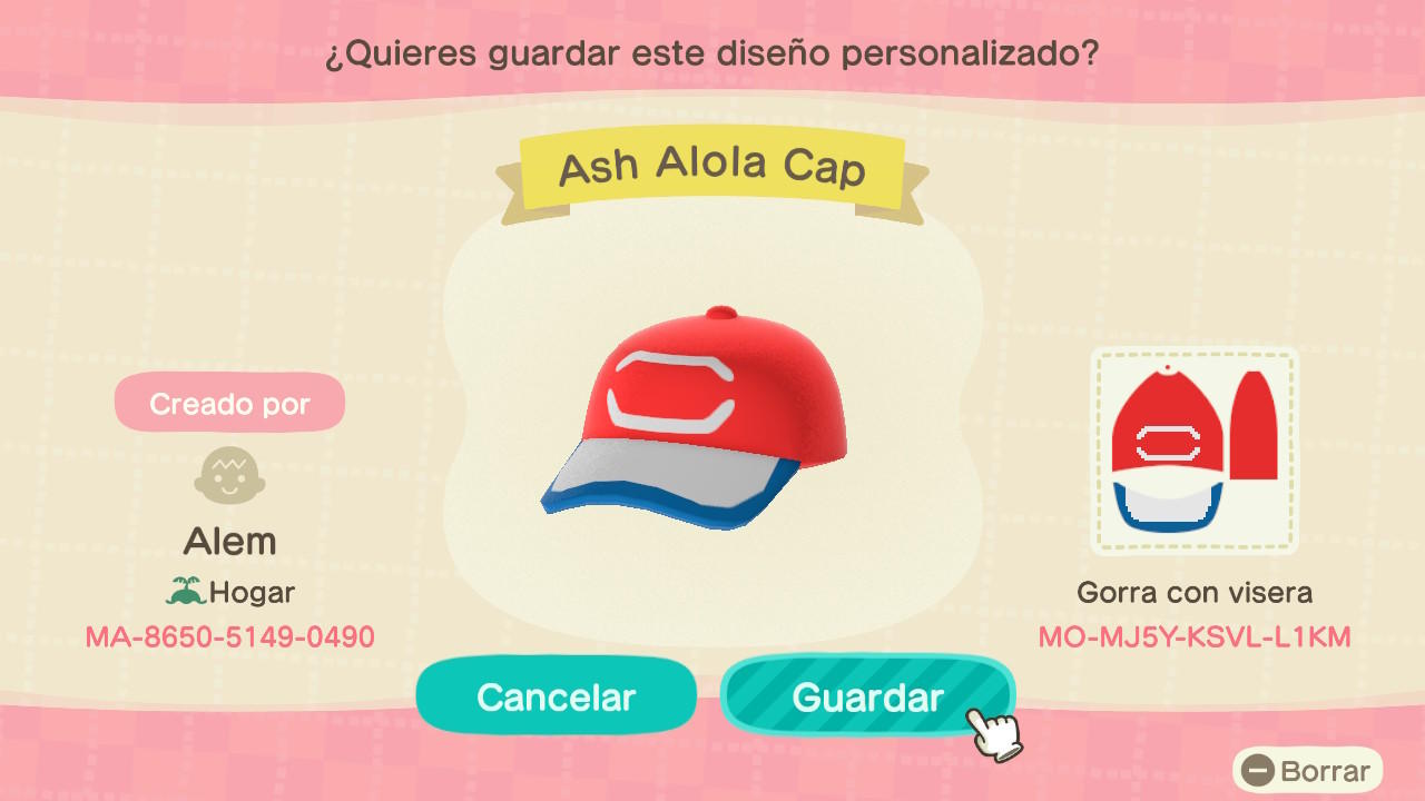 Animal Crossing Design Code: MO-MJ5Y-KSVL-L1KM Ash Alola Cap