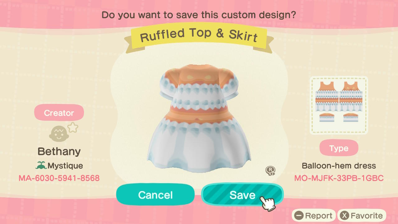 Animal Crossing Design Code: MO-MJFK-33PB-1GBC Ruffled Top & Skirt