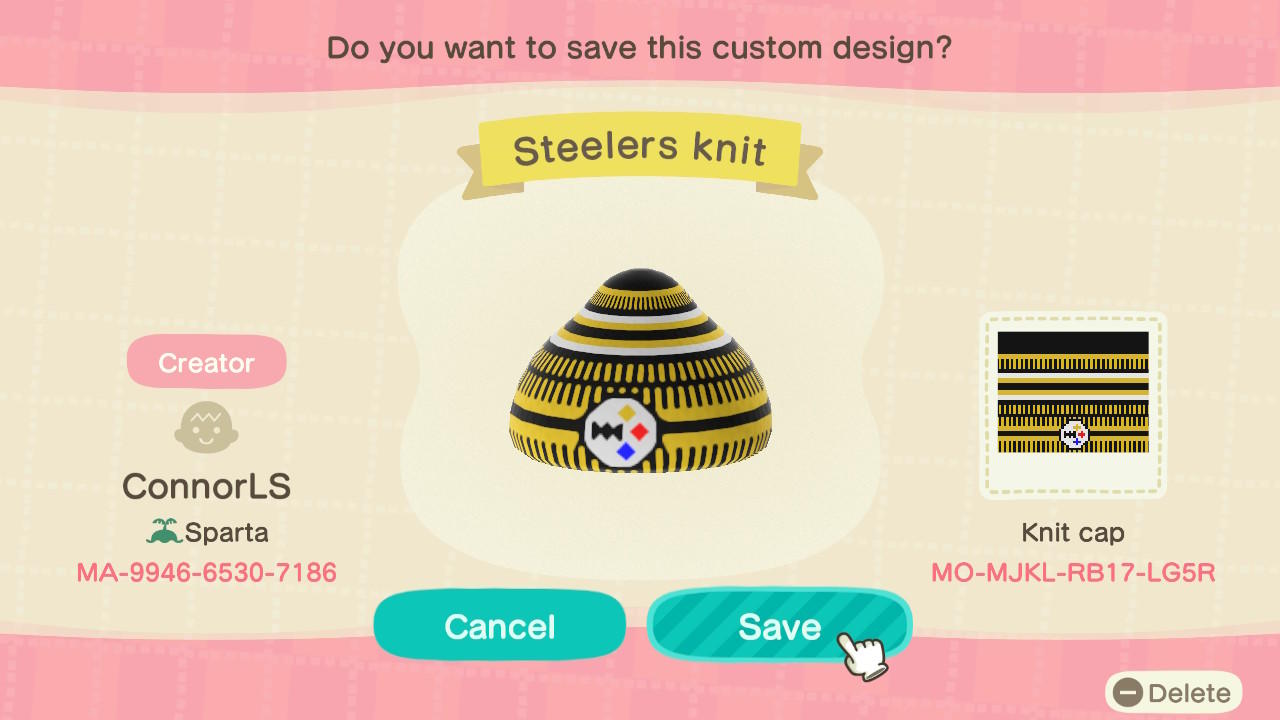 Animal Crossing Design Code: MO-MJKL-RB17-LG5R Steelers knit