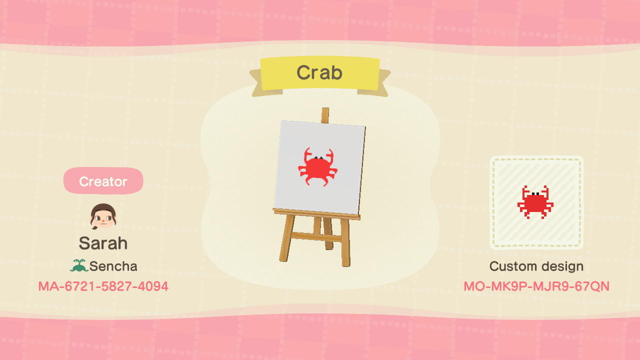 Animal Crossing Design Code: MO-MK9P-MJR9-67QN Crab