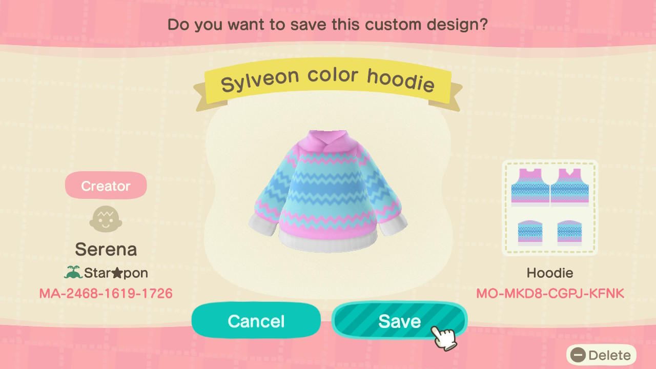 Animal Crossing Design Code: MO-MKD8-CGPJ-KFNK Sylveon color hoodie