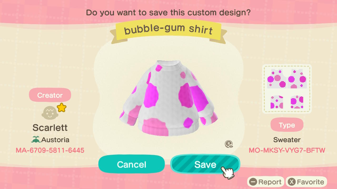 Animal Crossing Design Code: MO-MKSY-VYG7-BFTW bubble-gum shirt