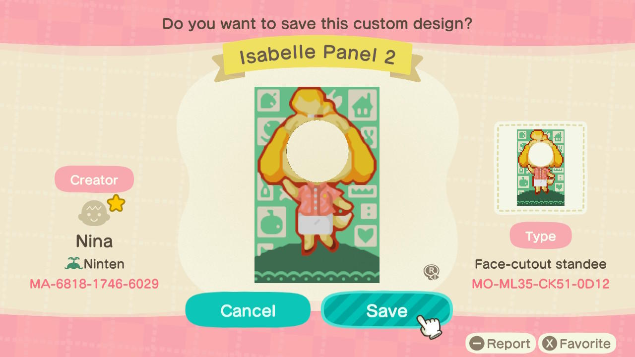 Animal Crossing Design Code: MO-ML35-CK51-0D12 Isabelle Panel 2