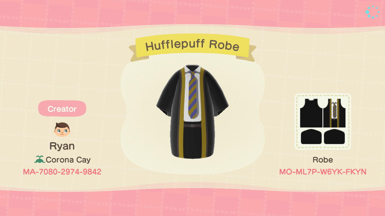 Animal Crossing Design Code: MO-ML7P-W6YK-FKYN Hufflepuff Robe