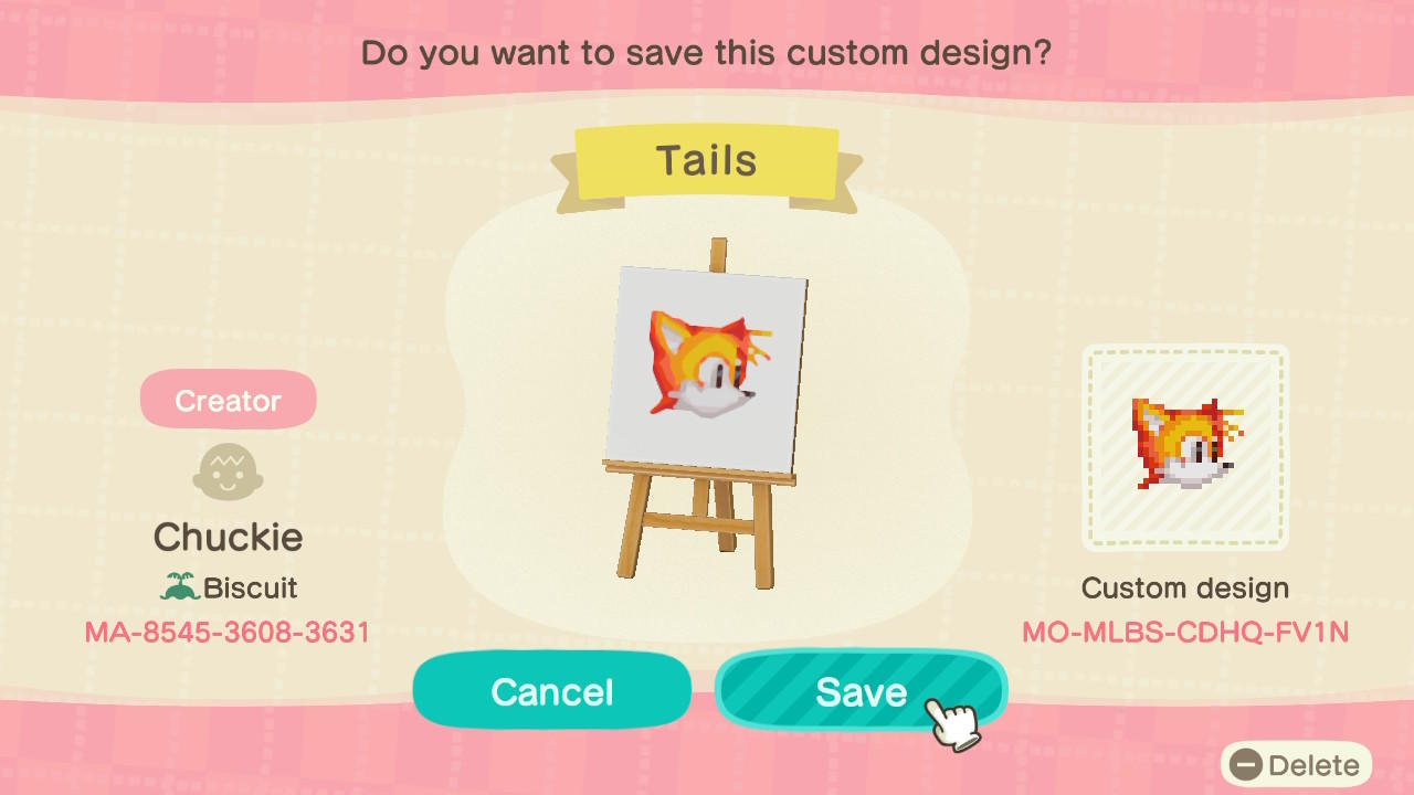 Animal Crossing Design Code: MO-MLBS-CDHQ-FV1N Tails