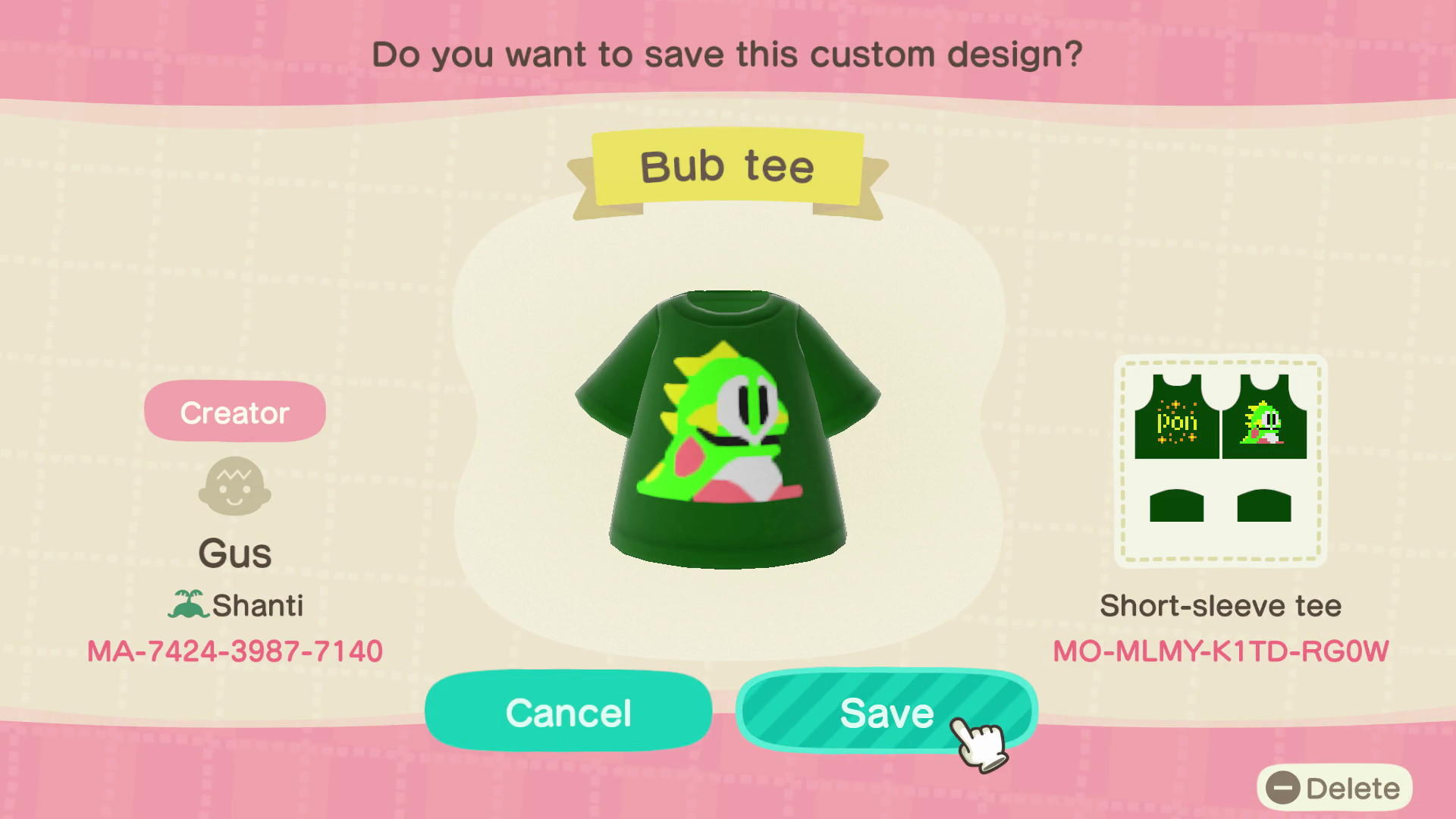 Animal Crossing Design Code: MO-MLMY-K1TD-RG0W Bub (Bubble Bobble)