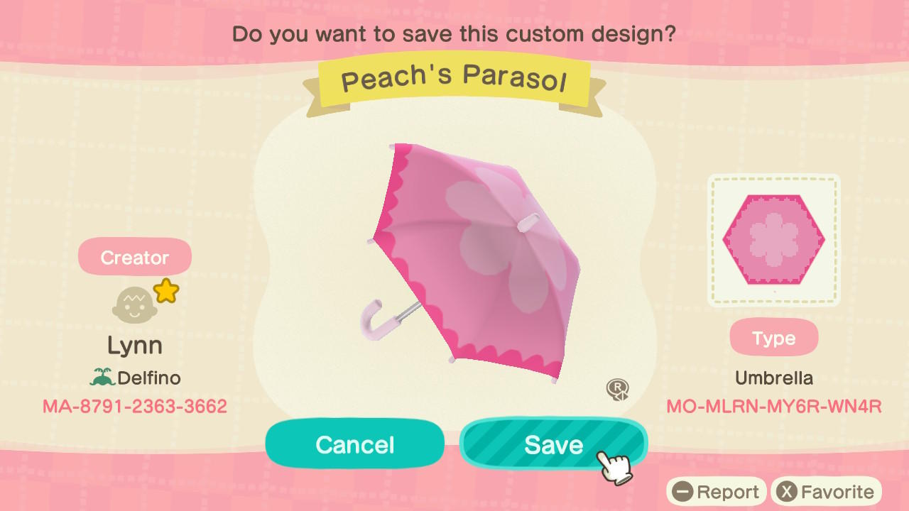 Animal Crossing Design Code: MO-MLRN-MY6R-WN4R Peach's Parasol