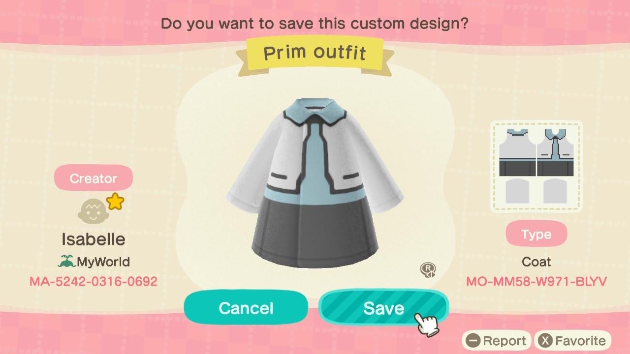 Animal Crossing Design Code: MO-MM58-W971-BLYV Prim Outfit