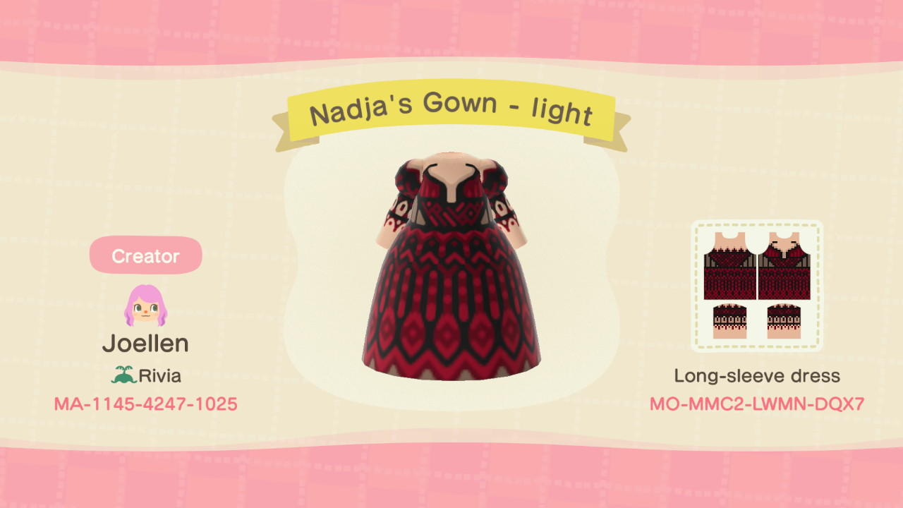 Animal Crossing Design Code: MO-MMC2-LWMN-DQX7 Nadja's Gown