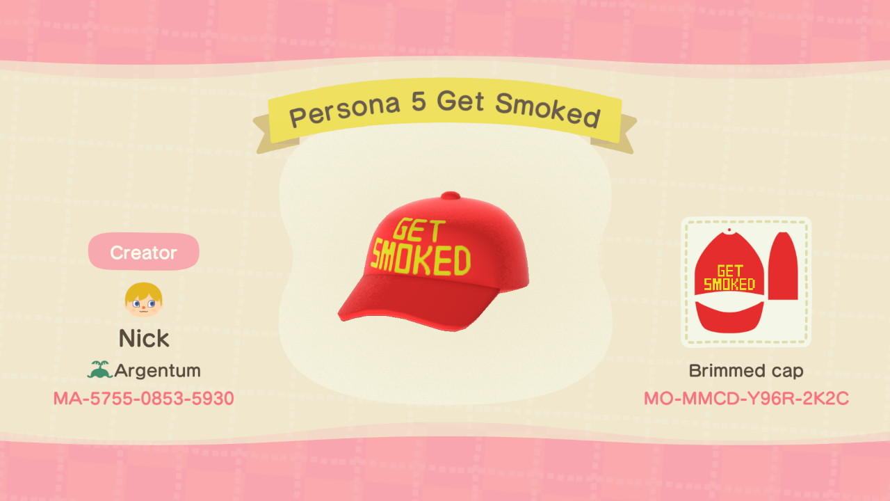 Animal Crossing Design Code: MO-MMCD-Y96R-2K2C Persona 5 Get Smoked