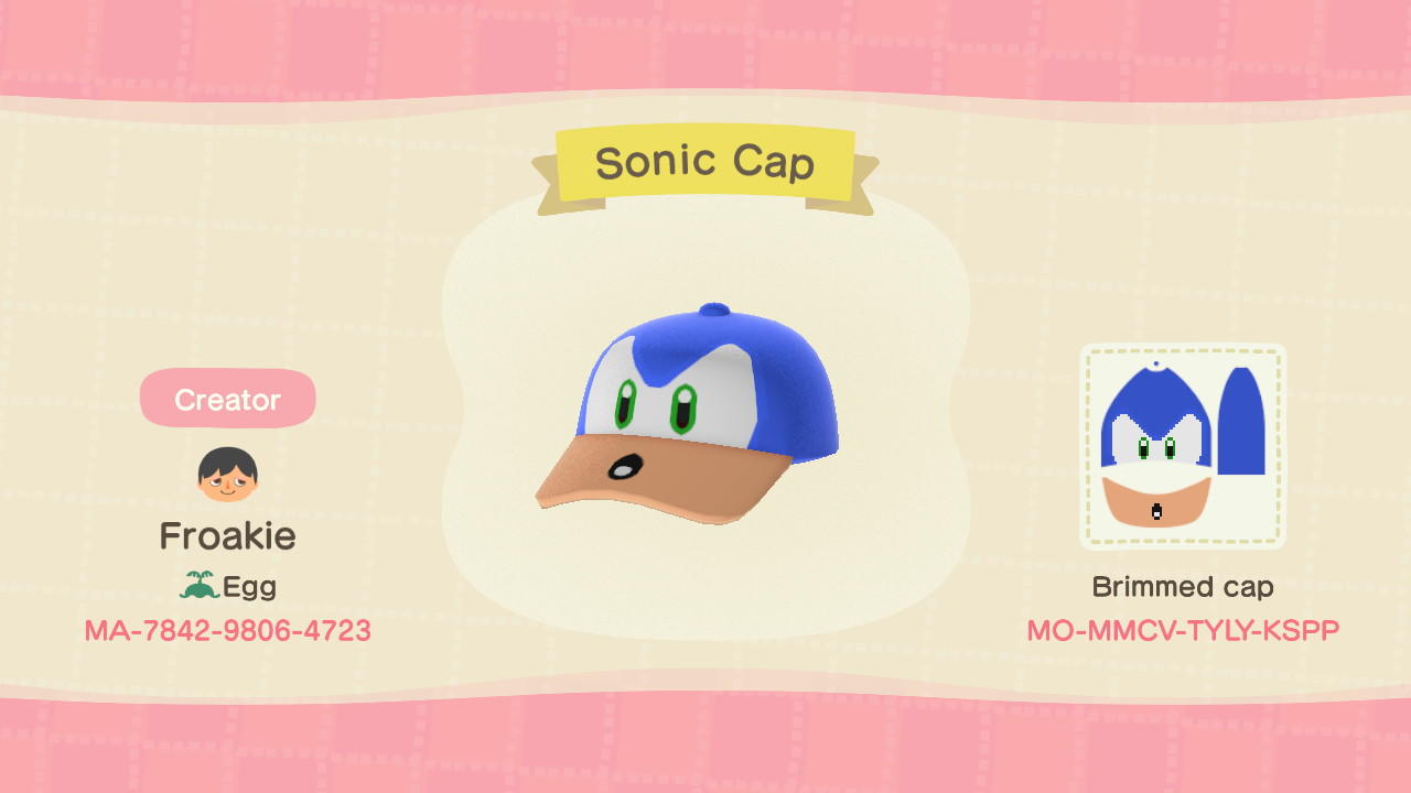 Animal Crossing Design Code: MO-MMCV-TYLY-KSPP Sonic Cap