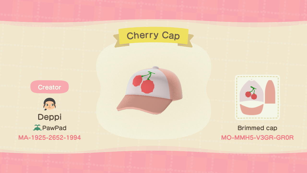 Animal Crossing Design Code: MO-MMH5-V3GR-GR0R Cherry Cap