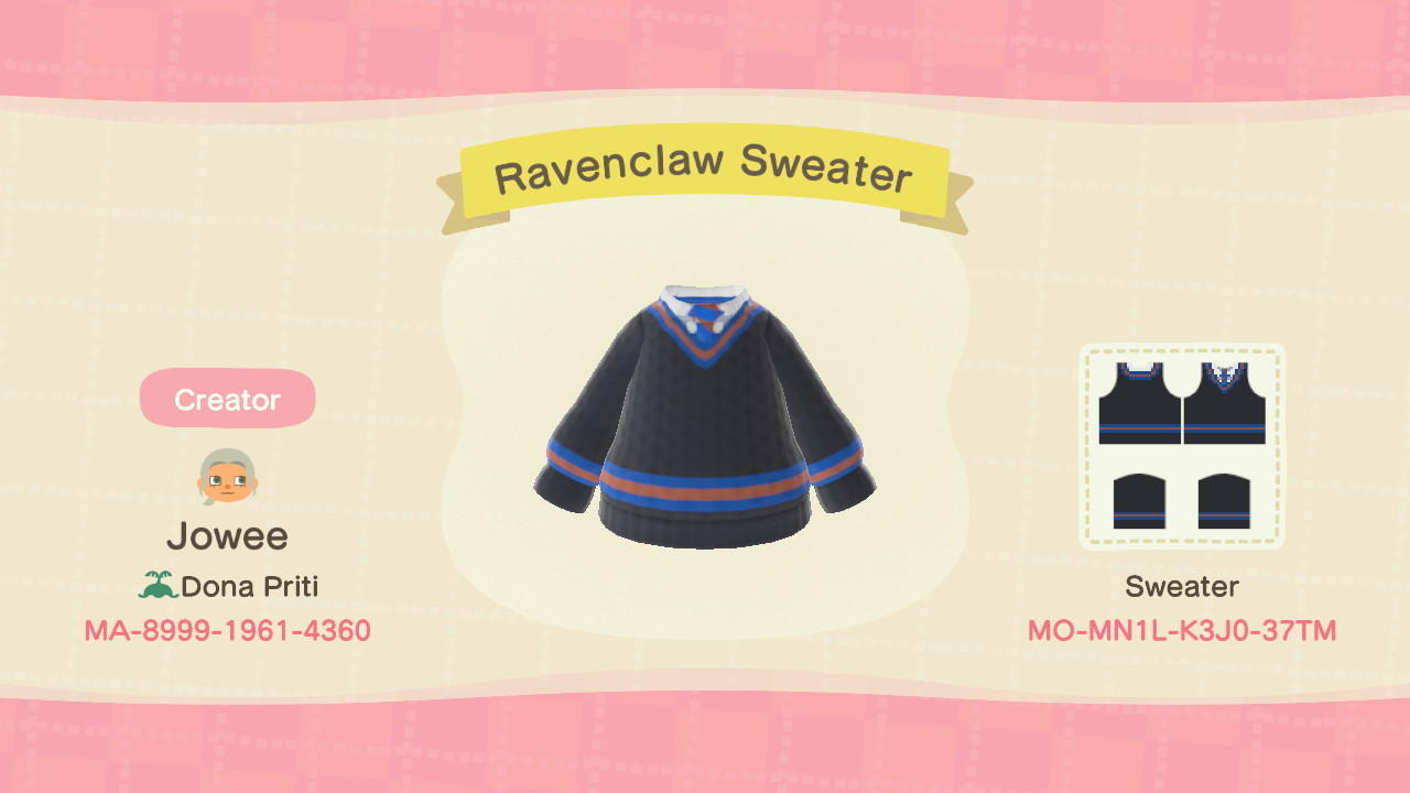 Animal Crossing Design Code: MO-MN1L-K3J0-37TM Ravenclaw Sweater