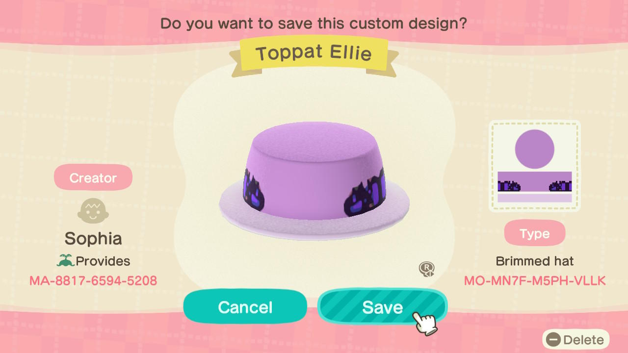 Animal Crossing Design Code: MO-MN7F-M5PH-VLLK Toppat Ellie