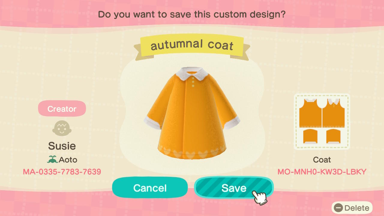Animal Crossing Design Code: MO-MNH0-KW3D-LBKY Autumnal Coat