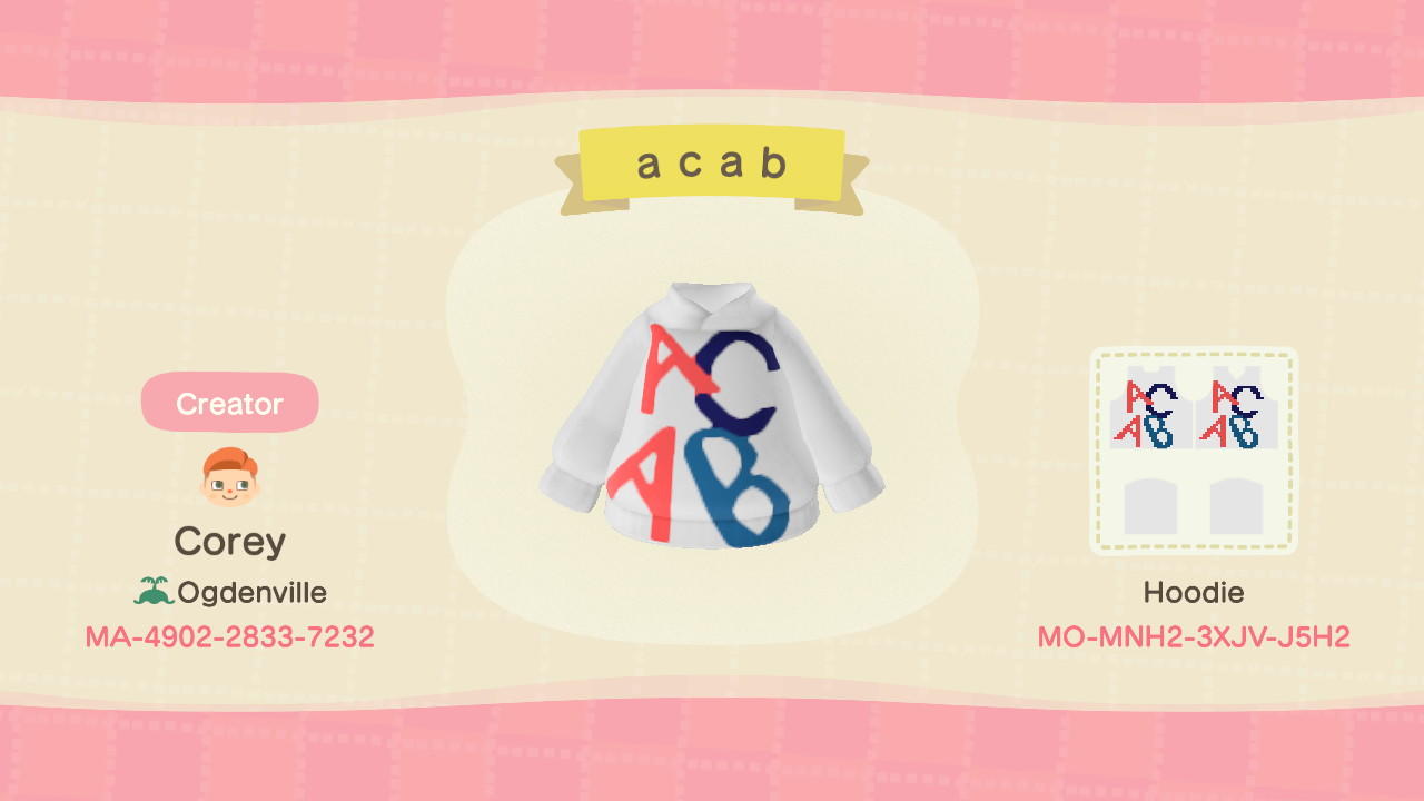 Animal Crossing Design Code: MO-MNH2-3XJV-J5H2 ACAB