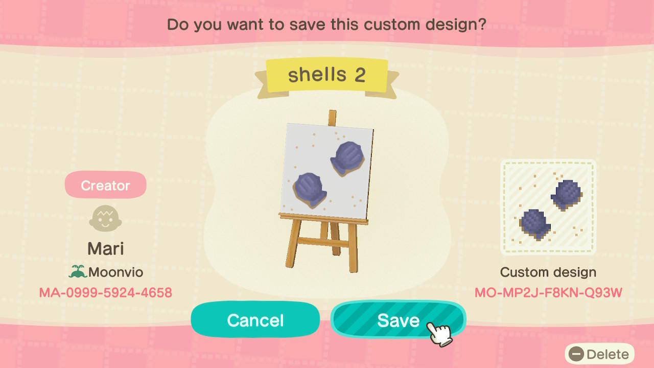 Animal Crossing Design Code: MO-MP2J-F8KN-Q93W shells 2