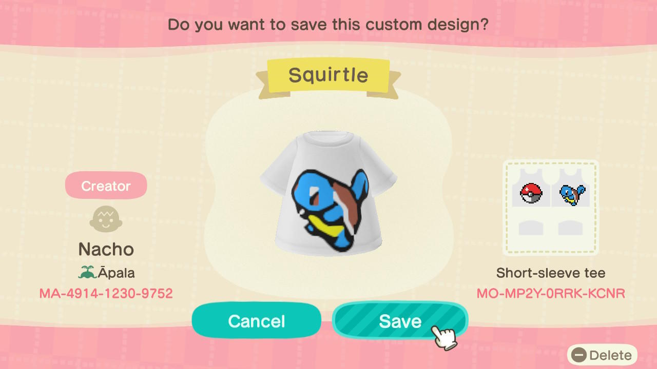Animal Crossing Design Code: MO-MP2Y-0RRK-KCNR Squirtle