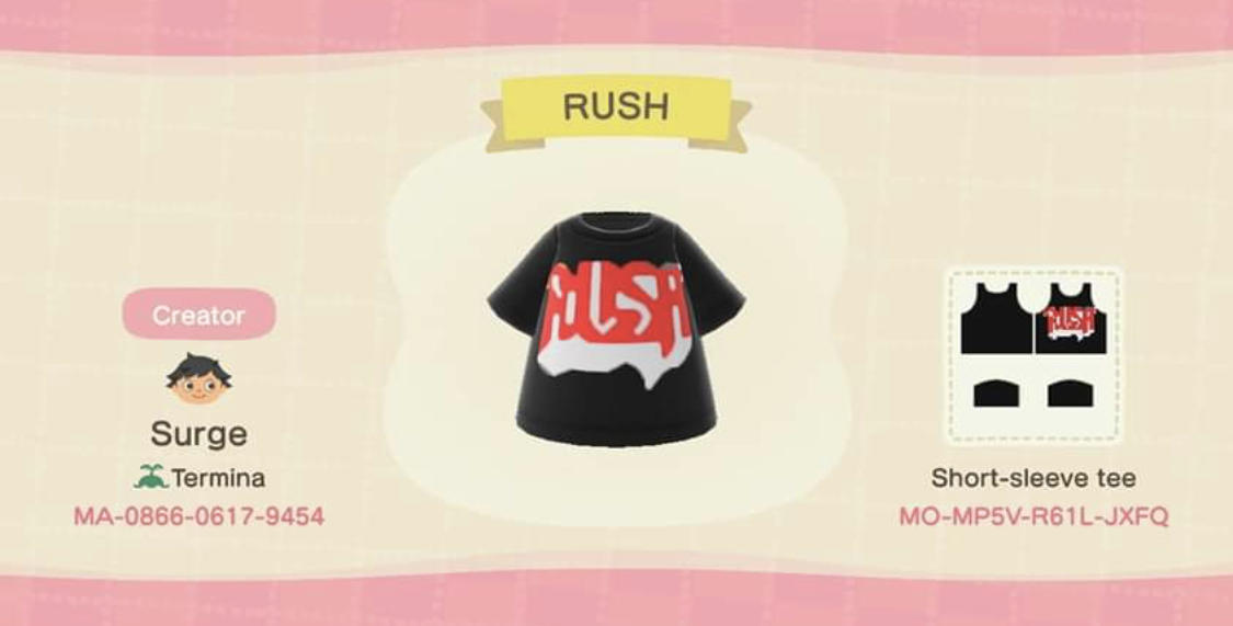 Animal Crossing Design Code: MO-MP5V-R61L-JXFQ RUSH