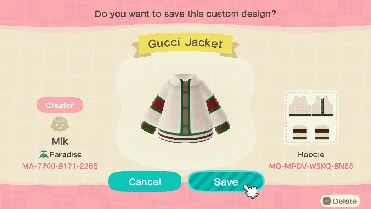 Animal Crossing Design Code: MO-MPDV-W5KQ-8N55 Gucci Jacket