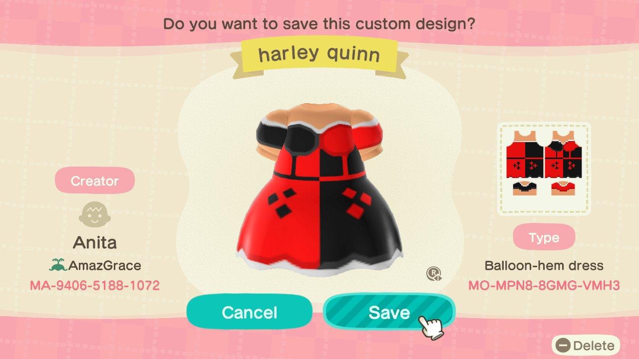 Animal Crossing Design Code: MO-MPN8-8GMG-VMH3 Harley Quinn dress