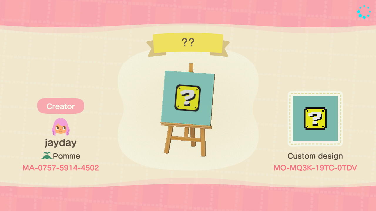 Animal Crossing Design Code: MO-MQ3K-19TC-0TDV Mario Question Block