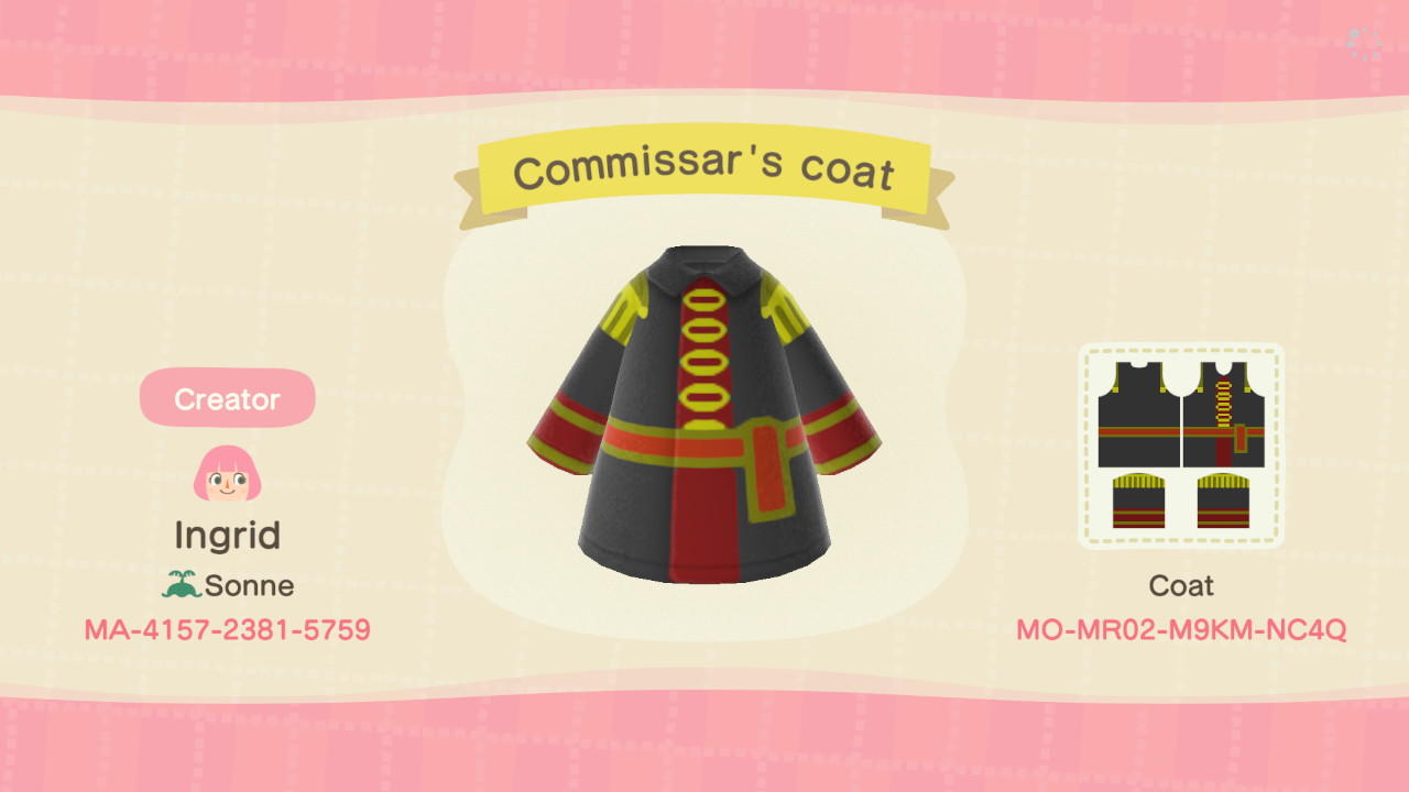Animal Crossing Design Code: MO-MR02-M9KM-NC4Q Commissar&#39;s Coat