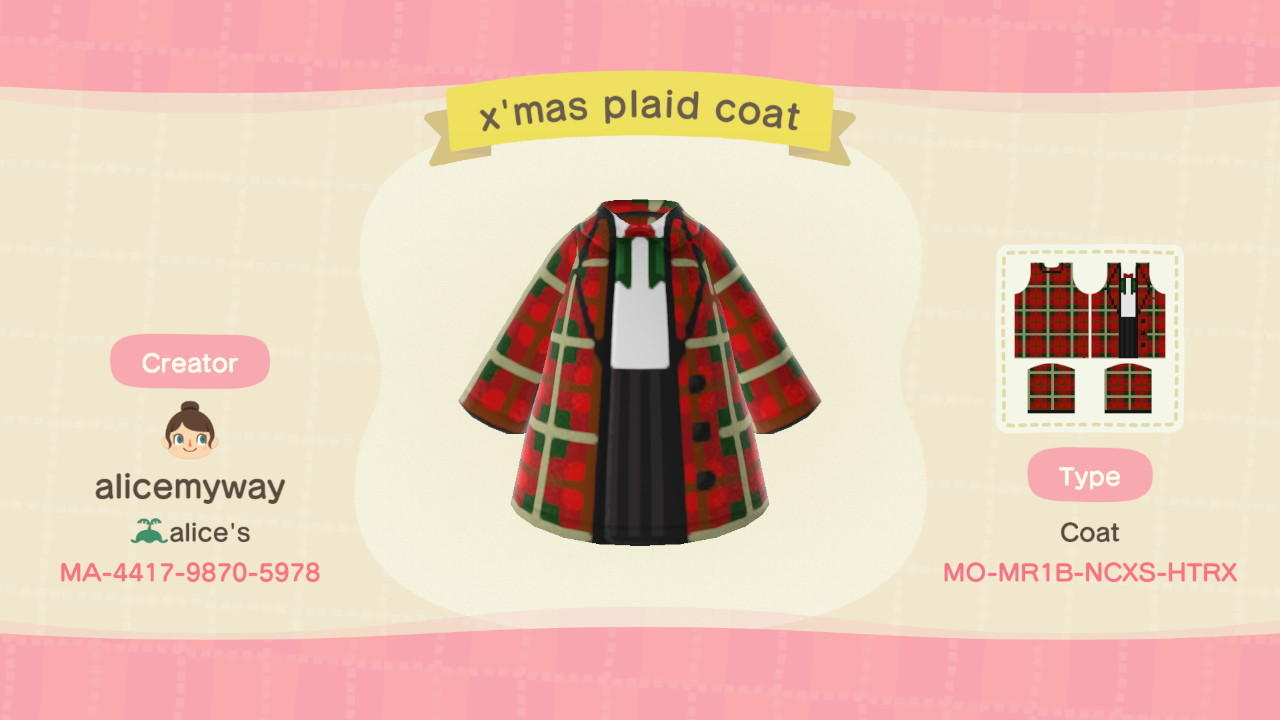 Animal Crossing Design Code: MO-MR1B-NCXS-HTRX X'mas Plaid Coat