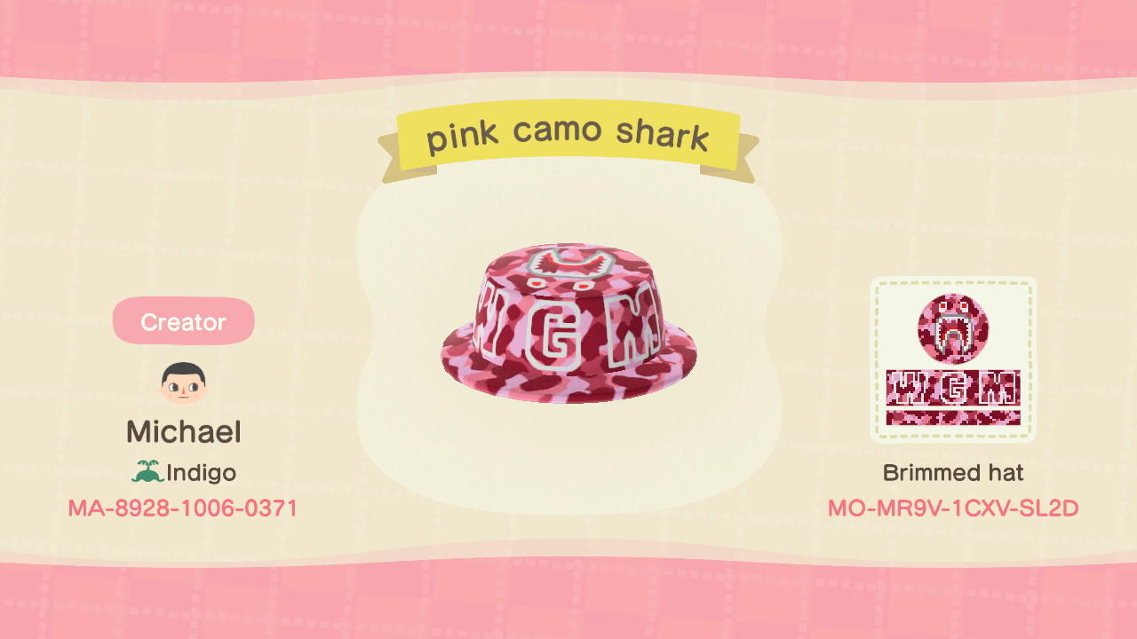 Animal Crossing Design Code: MO-MR9V-1CXV-SL2D pink camo shark hat