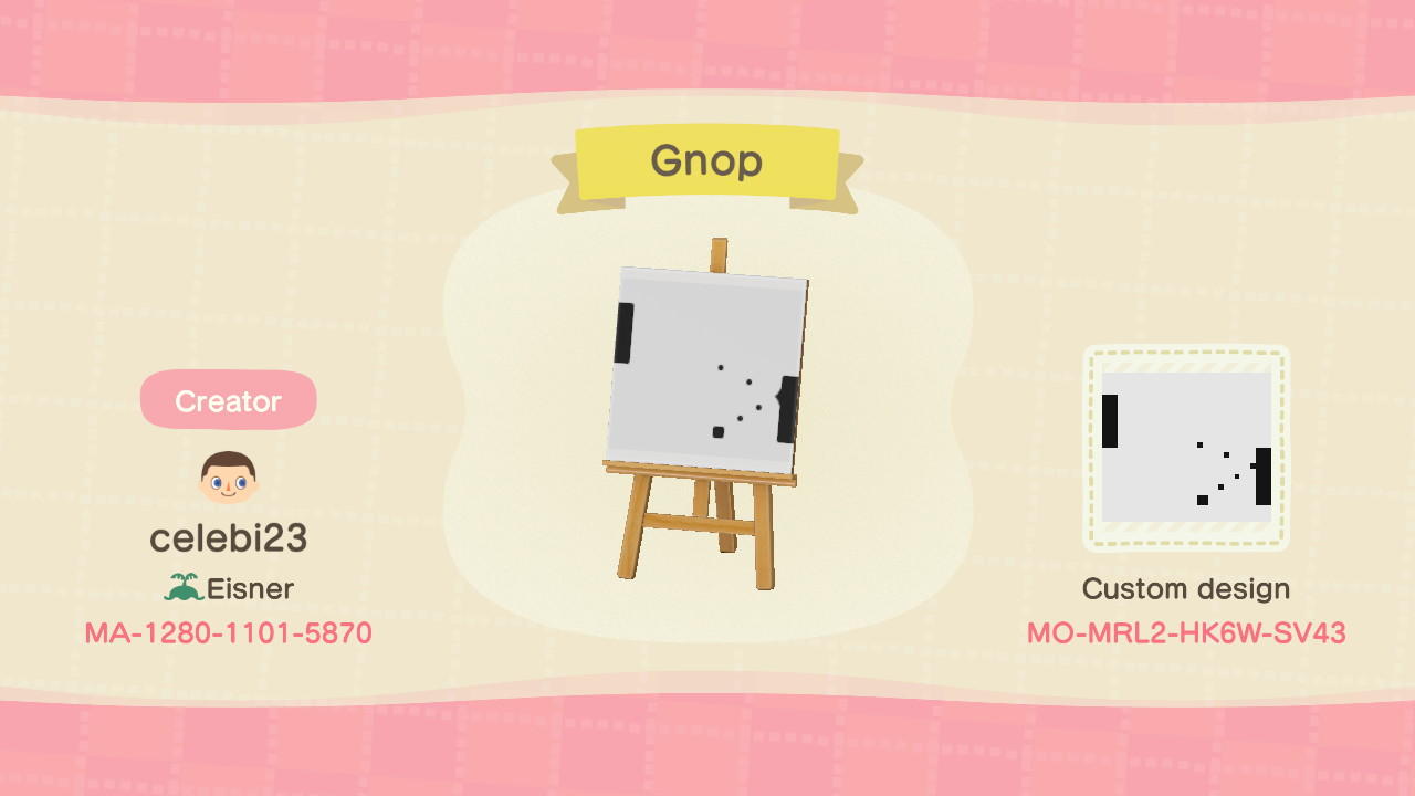 Animal Crossing Design Code: MO-MRL2-HK6W-SV43 Gnop