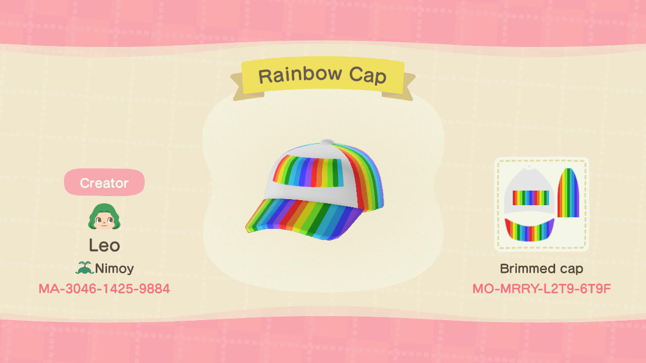 Animal Crossing Design Code: MO-MRRY-L2T9-6T9F Rainbow Cap