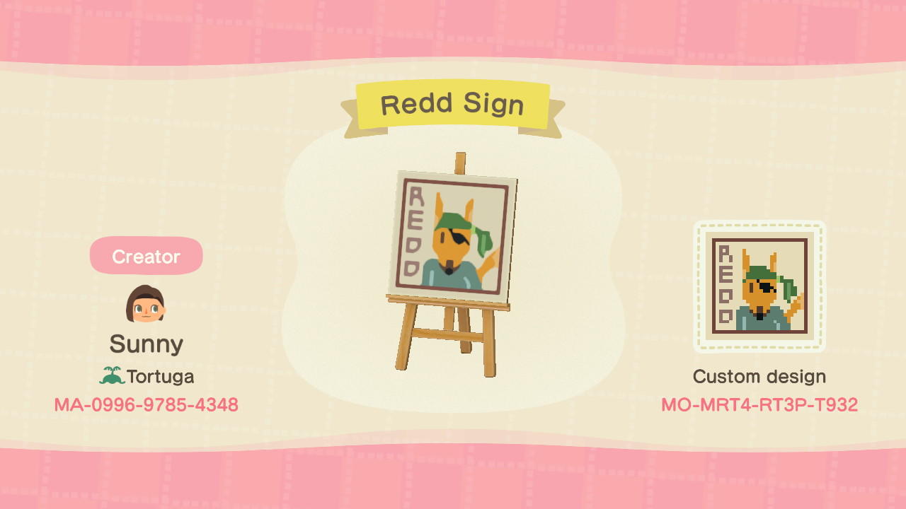 Animal Crossing Design Code: MO-MRT4-RT3P-T932 Redd Sign