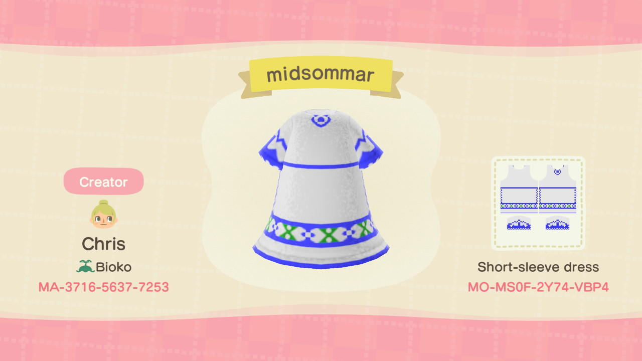 Animal Crossing Design Code: MO-MS0F-2Y74-VBP4 Midsommar Dress