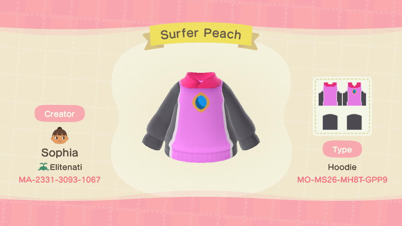 Animal Crossing Design Code: MO-MS26-MH8T-GPP9 Surfer Peach