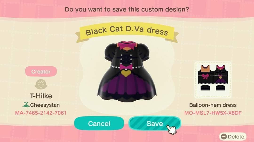 Animal Crossing Design Code: MO-MSL7-HW5X-X8DF Black Cat D.Va dress