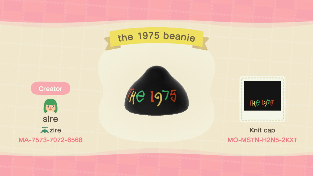 Animal Crossing Design Code: MO-MSTN-H2N5-2KXT the 1975 beanie