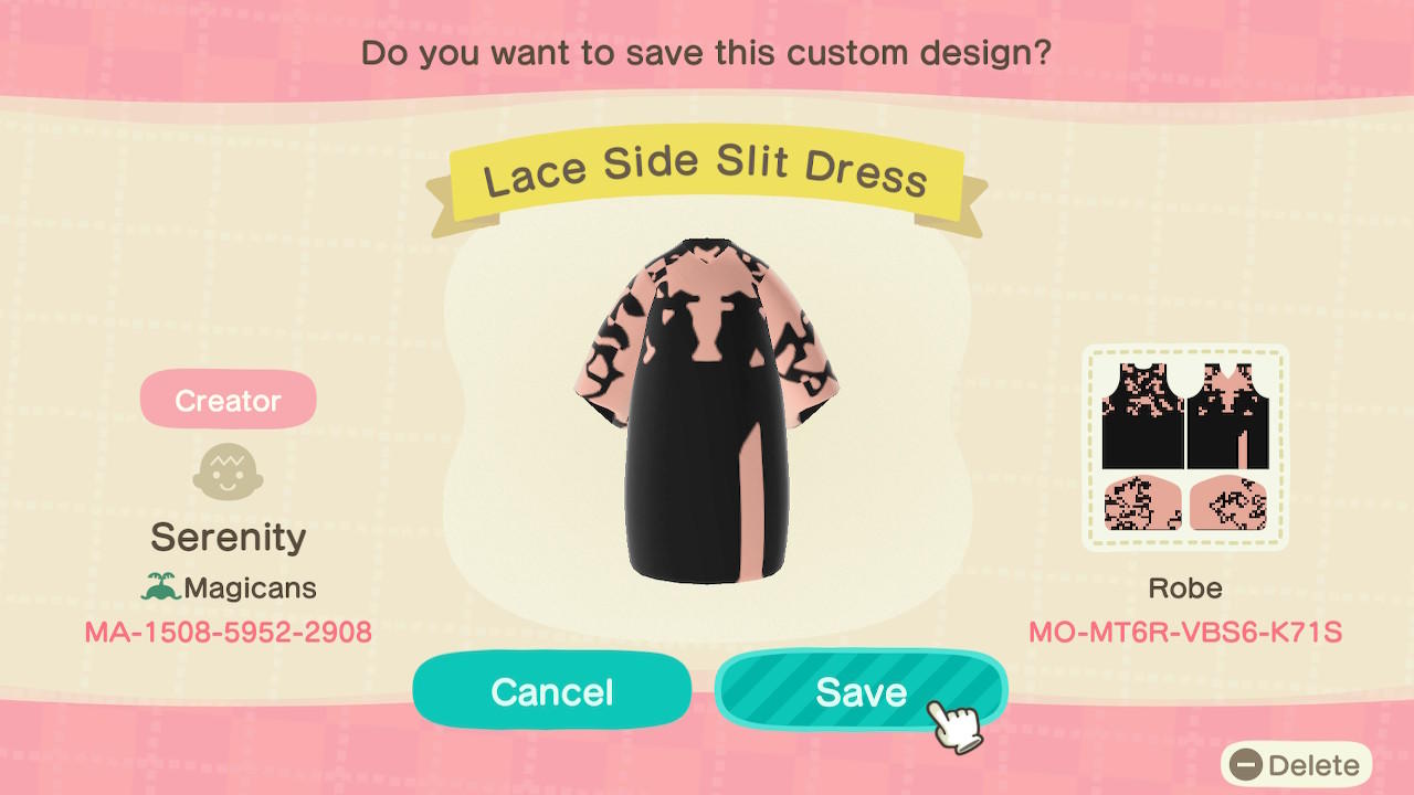 Animal Crossing Design Code: MO-MT6R-VBS6-K71S Lace Side Slit Dres