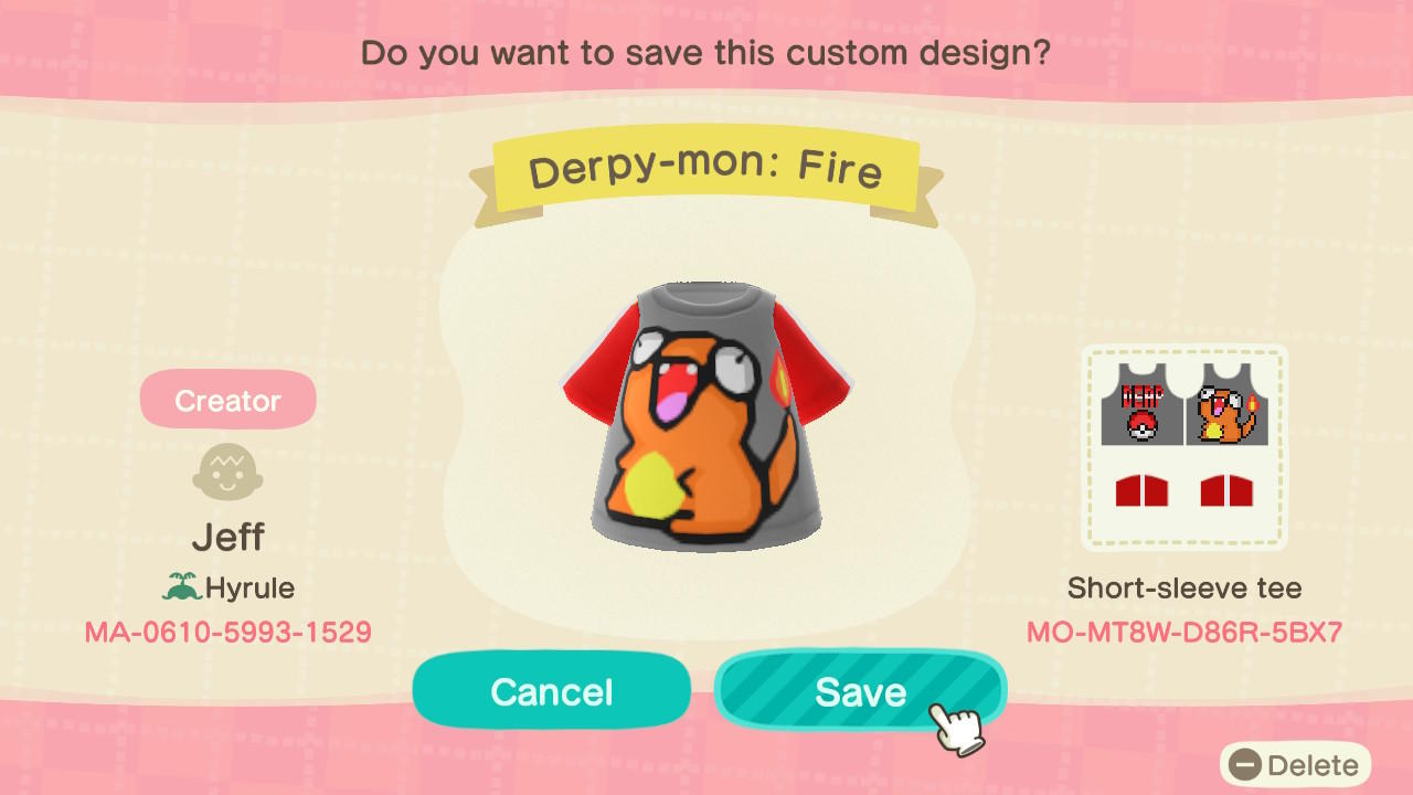 Animal Crossing Design Code: MO-MT8W-D86R-5BX7 Derpy-mon: Fire