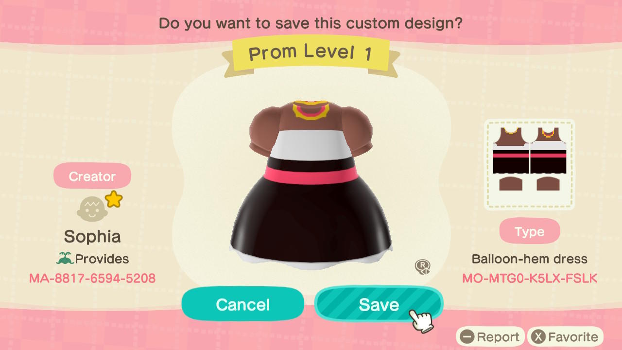Animal Crossing Design Code: MO-MTG0-K5LX-FSLK Prom Level 1