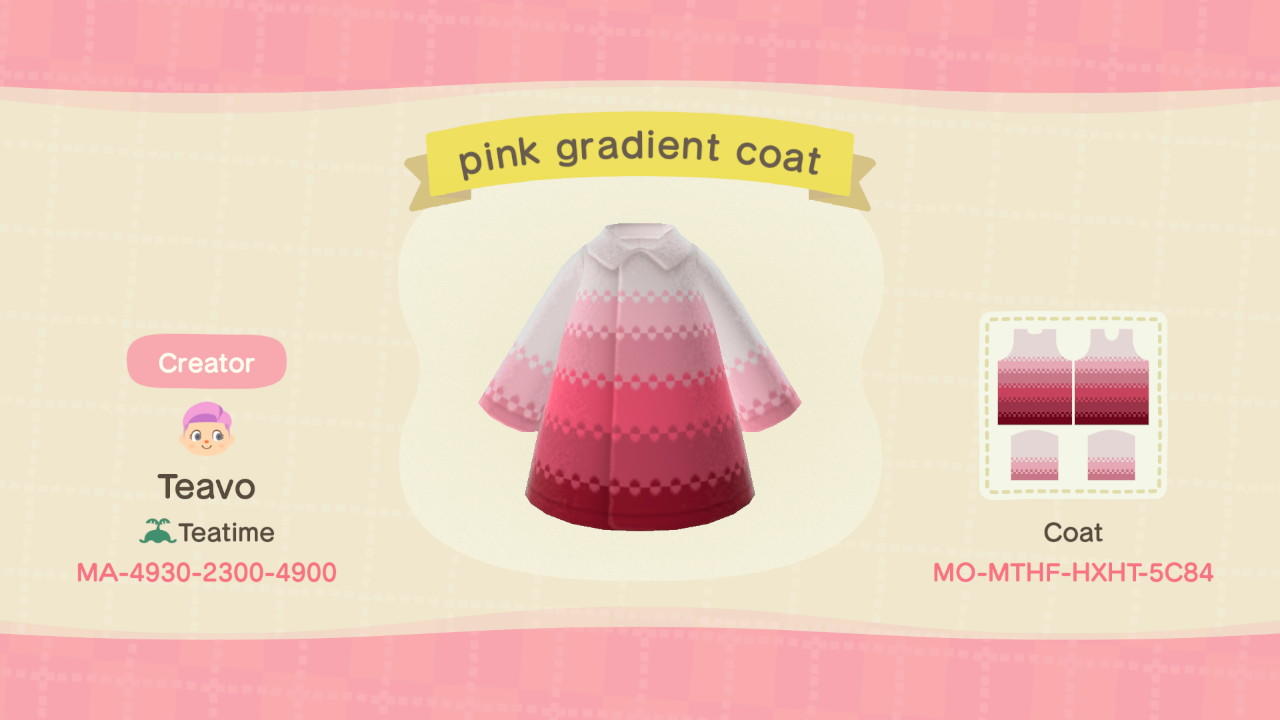Animal Crossing Design Code: MO-MTHF-HXHT-5C84 pink gradient coat