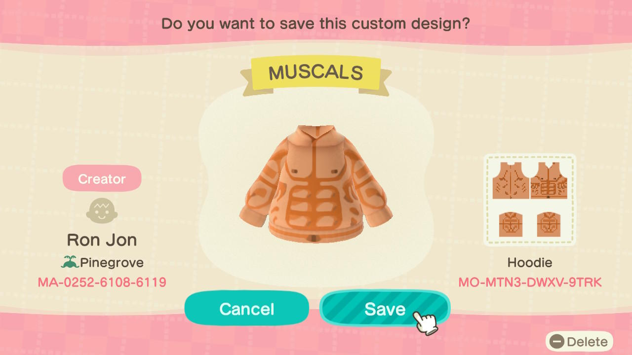 Animal Crossing Design Code: MO-MTN3-DWXV-9TRK Muscles