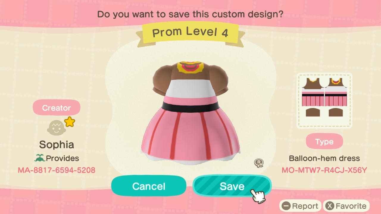 Animal Crossing Design Code: MO-MTW7-R4CJ-X56Y Prom Level 4