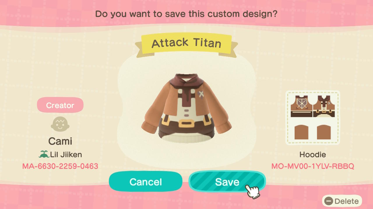 Animal Crossing Design Code: MO-MV00-1YLV-RBBQ Attack on Titan