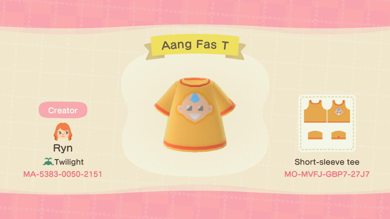 Animal Crossing Design Code: MO-MVFJ-GBP7-27J7 Aang Fas T