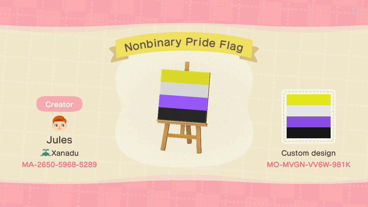 Animal Crossing Design Code: MO-MVGN-VV6W-981K Nonbinary Pride Flag