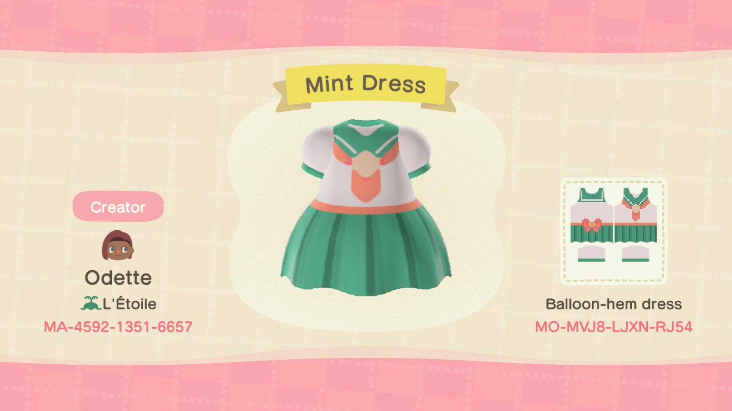 Animal Crossing Design Code: MO-MVJ8-LJXN-RJ54 Mint Dress