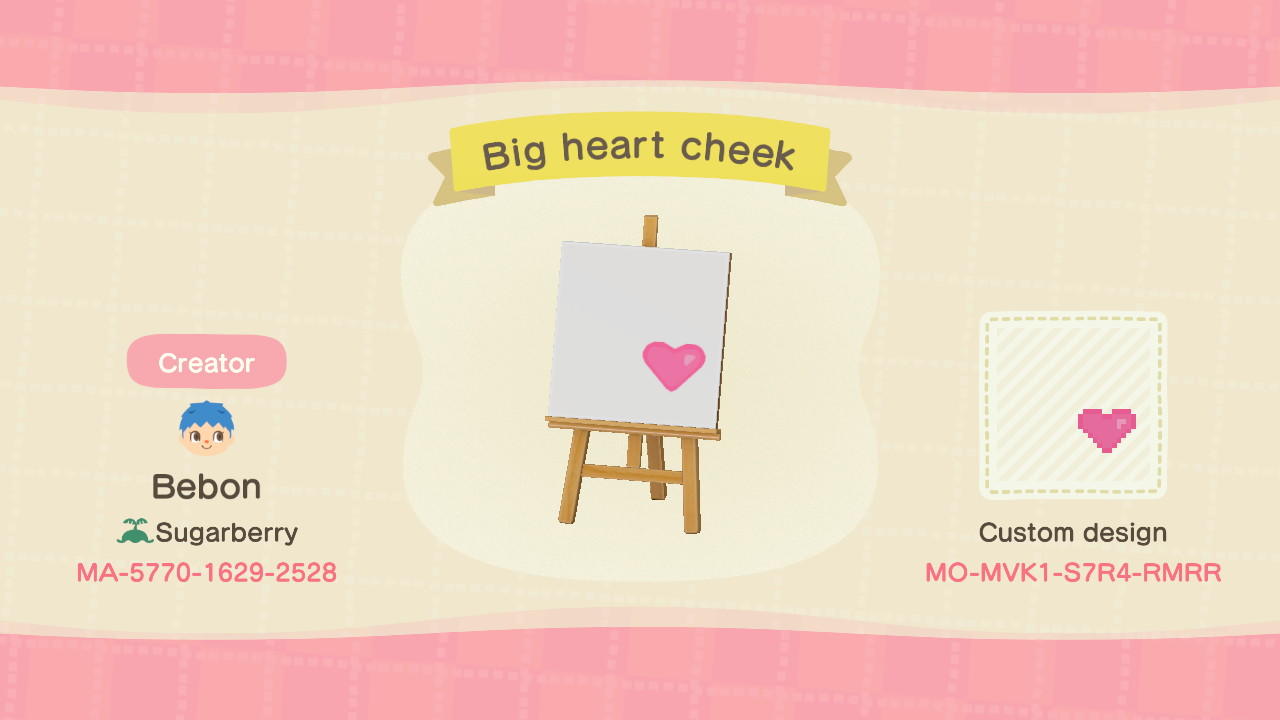 Animal Crossing Design Code: MO-MVK1-S7R4-RMRR Big heart cheek